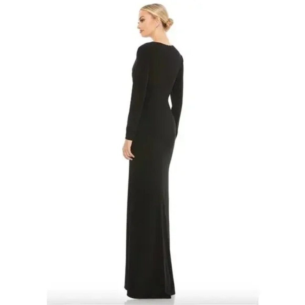 MAC DUGGAL Maxi Evening Gown Jersey Black Long Sleeve V Neck Embellished Sz. 12 - Picture 3 of 7